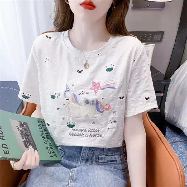 Short-sleeved T-shirt for women 2025 summer new embroidered loose versatile fashionable round neck printed pullover top